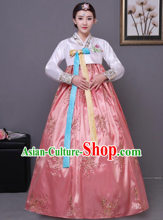 Asian Korean Dance Costumes Traditional Korean Hanbok Clothing White Blouse and Pink Paillette Dress for Women