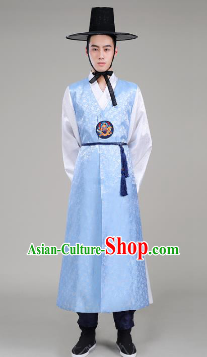 Asian Korean Court Emperor Costumes Blue Robe Traditional Korean Hanbok Clothing for Men