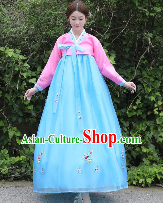 Asian Korean Court Costumes Traditional Korean Bride Hanbok Clothing Pink Blouse and Blue Dress for Women
