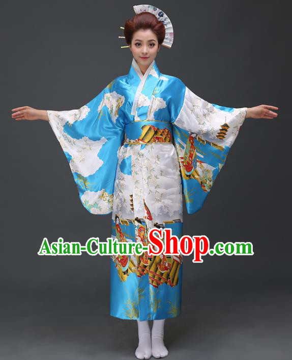 Asian Japanese Traditional Costumes Japan Printing Blue Satin Furisode Kimono Yukata Dress Clothing for Women