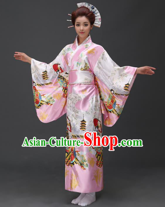 Asian Japanese Traditional Costumes Japan Printing Pink Satin Furisode Kimono Yukata Dress Clothing for Women