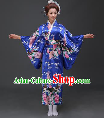 Asian Japanese Traditional Costumes Japan Printing Peacock Peony Blue Satin Furisode Kimono Yukata Dress Clothing for Women