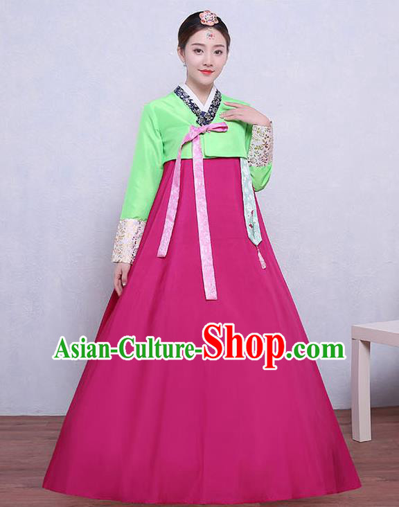 Asian Korean Dance Costumes Traditional Korean Dress Hanbok Clothing Green Blouse and Rosy Skirt for Women