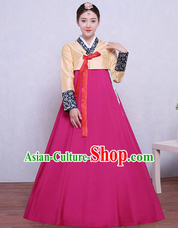 Asian Korean Dance Costumes Traditional Korean Dress Hanbok Clothing Yellow Blouse and Rosy Skirt for Women