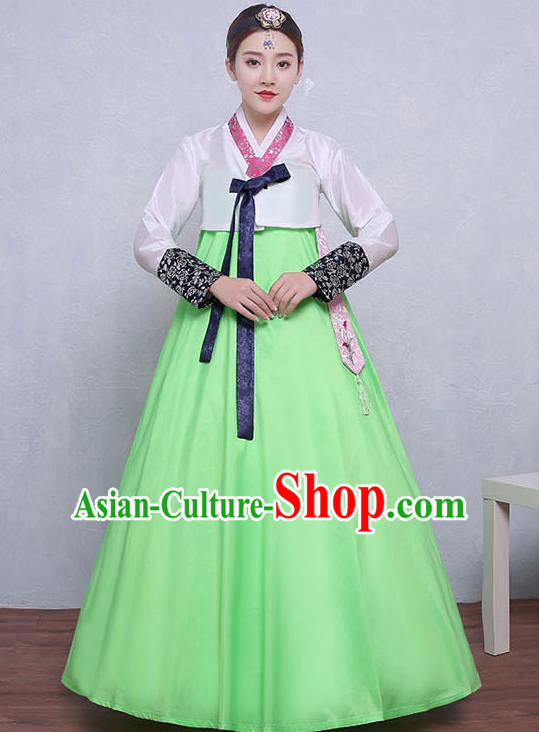 Asian Korean Dance Costumes Traditional Korean Hanbok Clothing White Blouse and Green Dress for Women