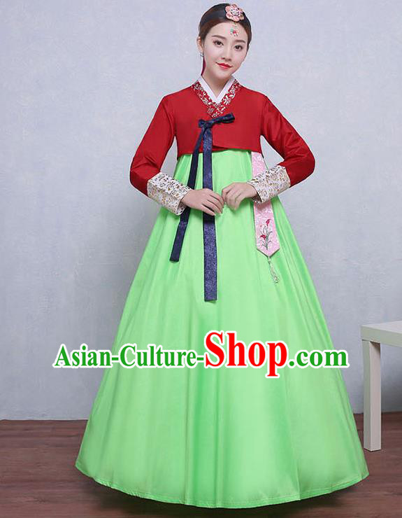 Asian Korean Dance Costumes Traditional Korean Hanbok Clothing Red Blouse and Green Dress for Women