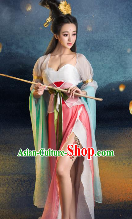 Chinese Traditional Tang Dynasty Imperial Consort Sexy Clothing, China Ancient Fairy Costume and Headpiece Complete Set