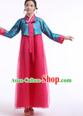 Asian Korean Palace Costumes Traditional Korean Bride Hanbok Clothing Blue Blouse and Rosy Veil Dress for Women