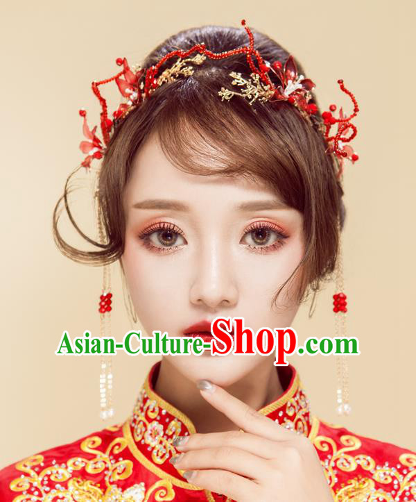 Chinese Handmade Classical Wedding Hair Accessories Ancient Xiuhe Suits Red Hairpins for Women