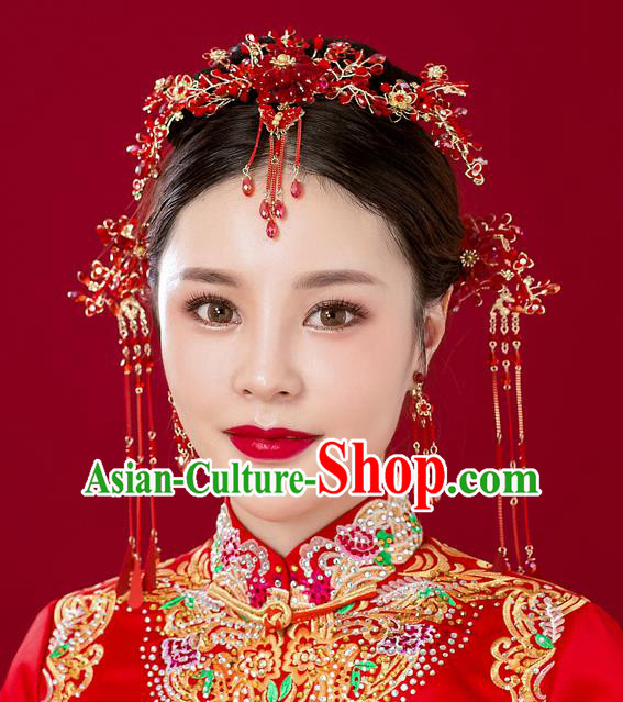 Chinese Handmade Classical Wedding Hair Accessories Ancient Red Beads Tassel Hairpins Headdress for Women