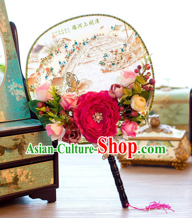 Chinese Handmade Classical Peony Palace Fans Ancient Wedding Round Fans for Women