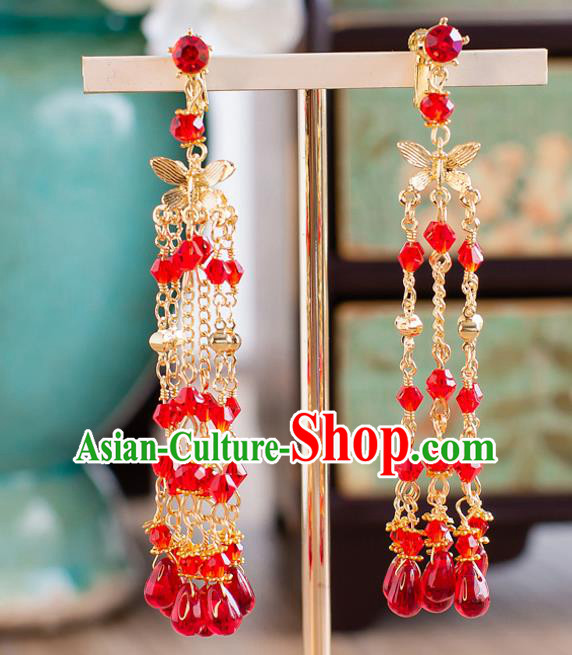 Handmade Classical Wedding Accessories Bride Red Beads Tassel Golden Earrings for Women