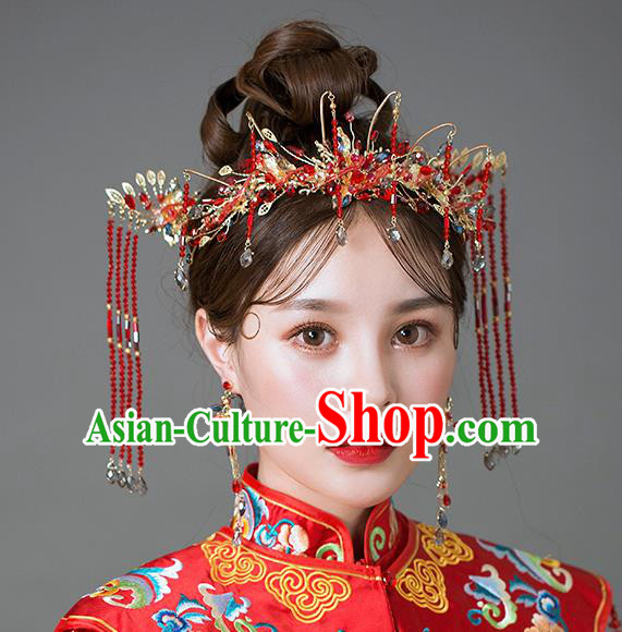 Chinese Handmade Classical Hair Accessories Ancient Palace Red Tassel Phoenix Coronet Hairpins for Women