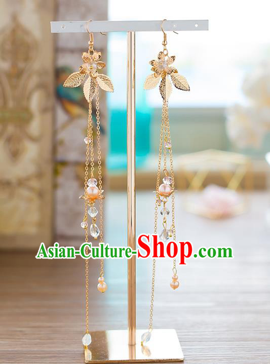 Handmade Classical Wedding Accessories Long Tassel Eardrop Bride Golden Flowers Earrings for Women