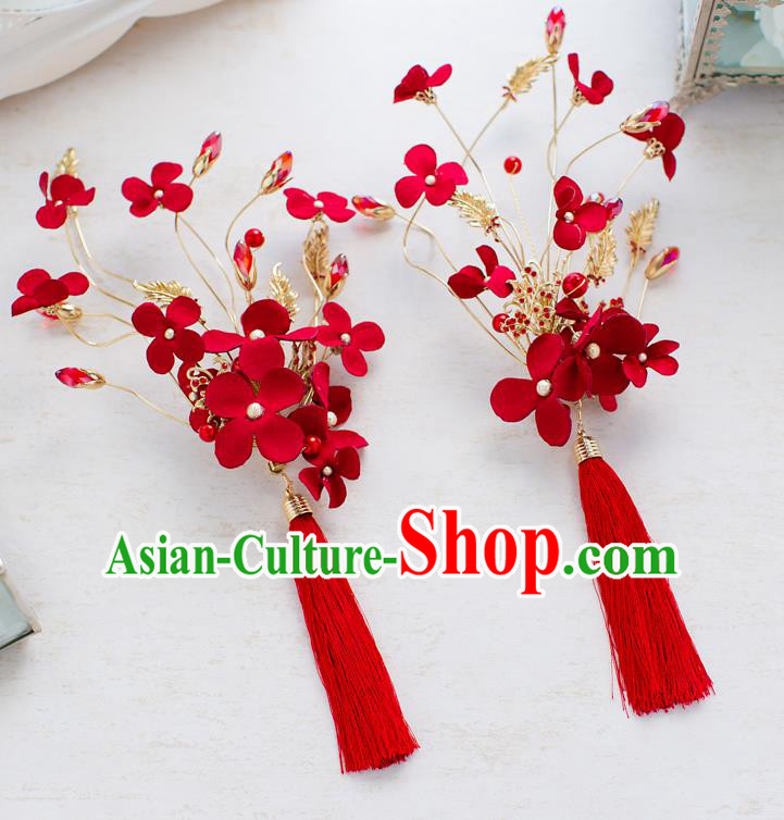 Handmade Classical Wedding Hair Accessories Bride Red Flowers Tassel Hair Stick Headwear for Women