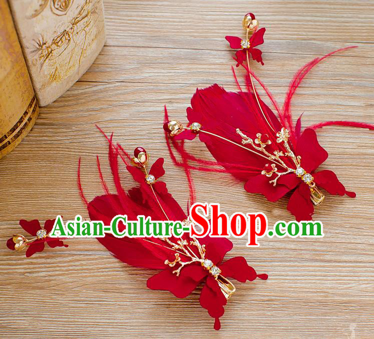 Handmade Classical Wedding Hair Accessories Bride Red Feather Hair Stick Headwear for Women