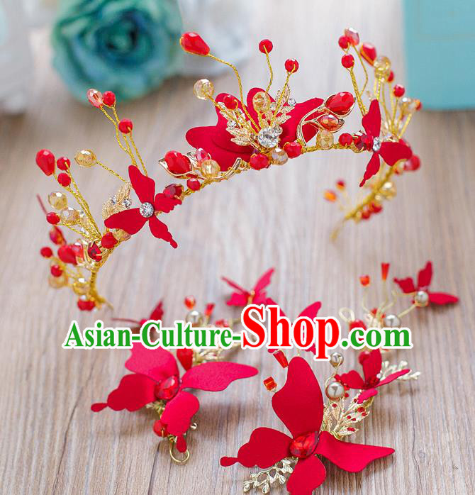 Handmade Classical Wedding Accessories Bride Red Butterfly Hair Crown and Earrings for Women