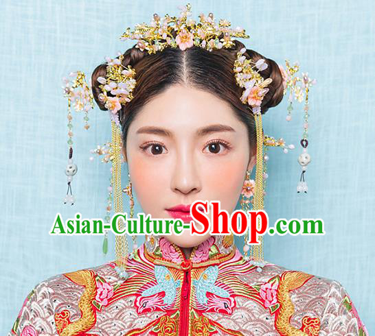Chinese Handmade Classical Hair Accessories Ancient Bride Golden Hair Coronet Tassel Hairpins for Women