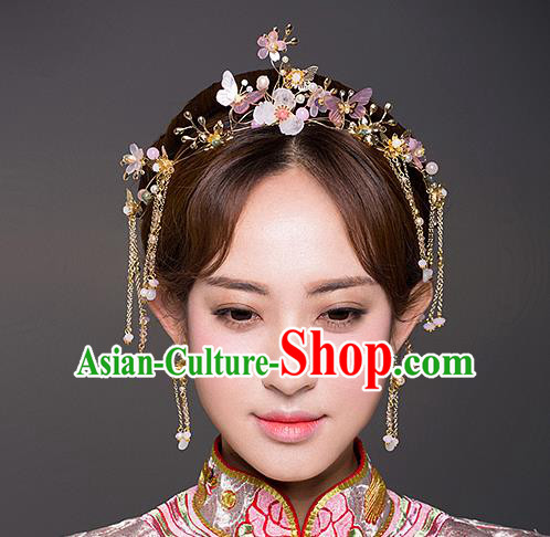 Chinese Handmade Classical Hair Accessories Ancient Bride Pink  Hair Clasp Tassel Hairpins for Women