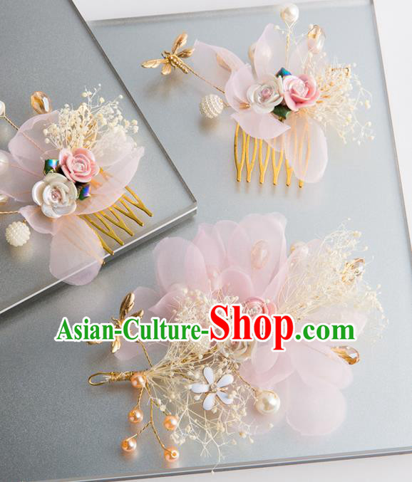 Handmade Classical Wedding Hair Accessories Bride Pink Silk Hair Comb Hairpins Headwear for Women