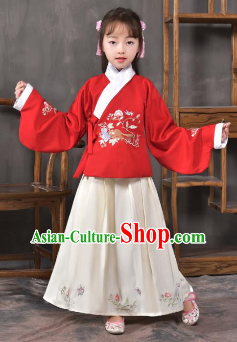 Traditional China Ming Dynasty Ancient Princess Costume Embroidered Blouse and Skirt for Kids