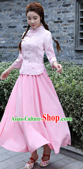 Traditional Republic of China Nobility Lady Costume Embroidered Cheongsam Blouse and Skirts for Women