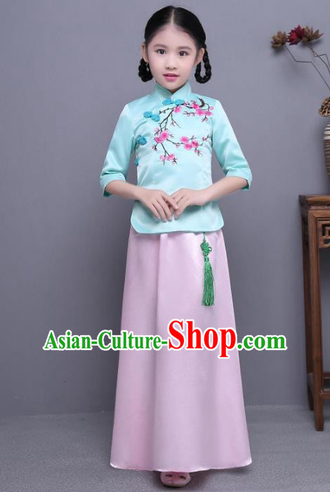 Traditional Republic of China Nobility Lady Costume Embroidered Cheongsam Blue Blouse and Pink Skirts for Kids