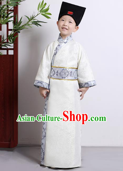 Traditional China Han Dynasty Minister White Costume, Chinese Ancient Chancellor Hanfu Clothing for Kids
