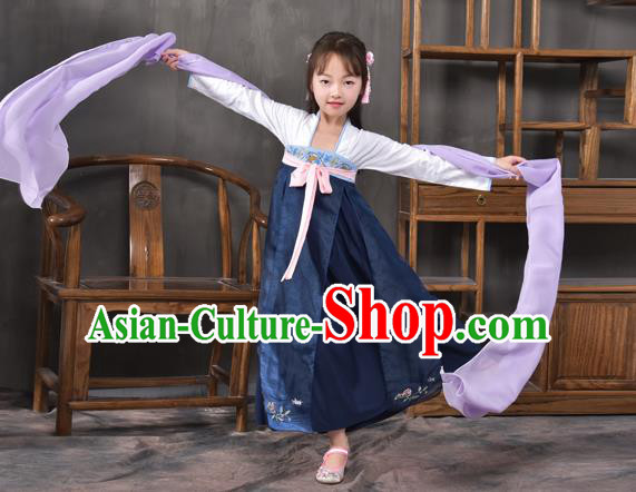 Traditional China Tang Dynasty Princess Navy Costume, Chinese Ancient Palace Lady Hanfu Clothing for Kids
