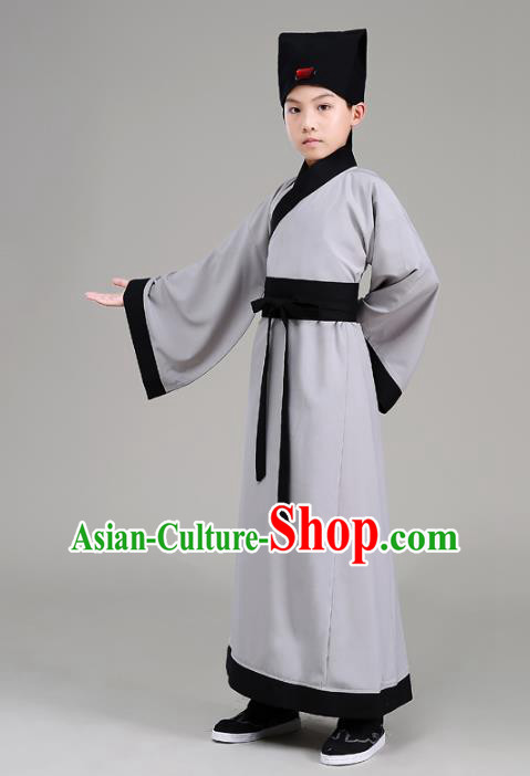 Traditional China Han Dynasty Minister Costume Grey Robe, Chinese Ancient Scholar Hanfu Clothing for Kids