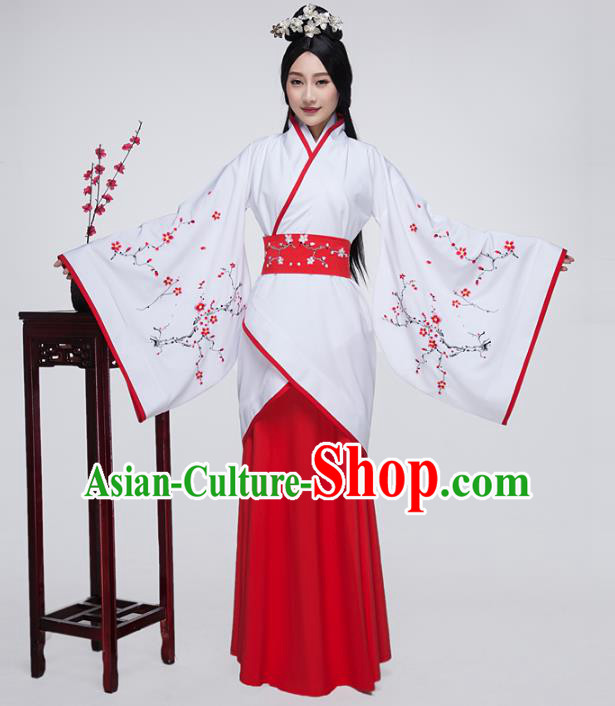 Traditional China Han Dynasty Ancient Palace Princess Costume Embroidered White Curving-front Robe for Women