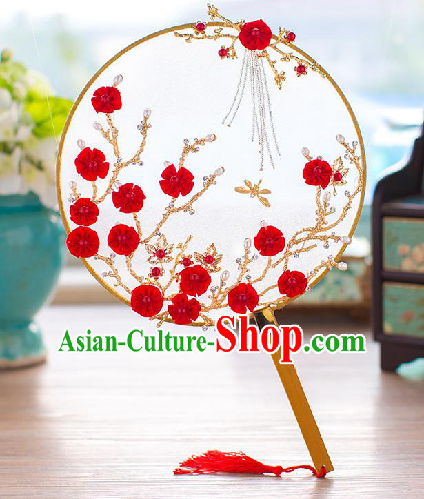 Chinese Handmade Classical Red Wintersweet Palace Fans Ancient Wedding Round Fans for Women