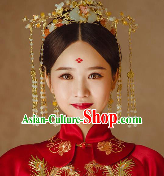 Chinese Handmade Classical Hair Accessories Wedding Bride Tassel Jade Phoenix Coronet Hairpins Complete Set