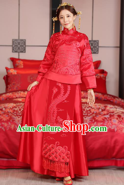 Traditional Ancient Chinese Wedding Costume, China Style Xiuhe Suits Bride Embroidered Paillette Phoenix Clothing for Women