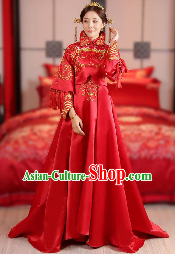 Traditional Chinese Wedding Costume Ancient Bride Trailing Red Dress Embroidered Xiuhe Suits for Women