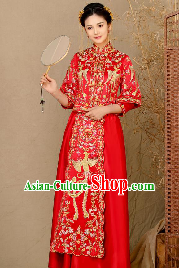 Traditional Chinese Wedding Costume Ancient Bride Toast Cheongsam Embroidered Phoenix Xiuhe Suits for Women