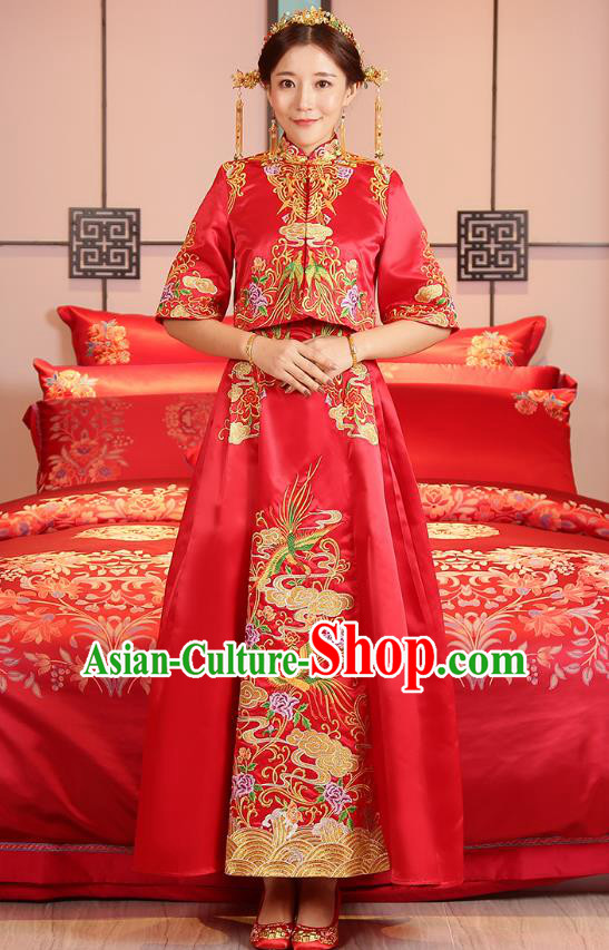 Traditional Chinese Wedding Costume Ancient Bride Embroidered Toast Cheongsam Xiuhe Suits for Women