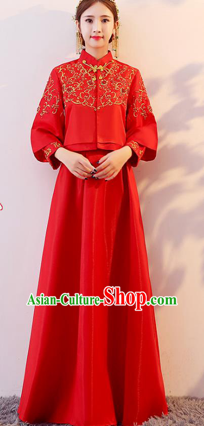 Traditional Chinese Wedding Costume Xiuhe Suit Ancient Bride Embroidered Red Dress Cheongsam for Women