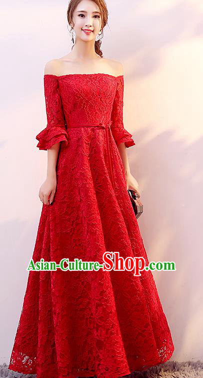Top Grade Modern Dance Chorus Compere Costume Bride Toast Red Lace Dress for Women