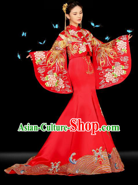 Traditional Ancient Chinese Wedding Costume Bride Embroidered Trailing Cheongsam Xiuhe Suits for Women