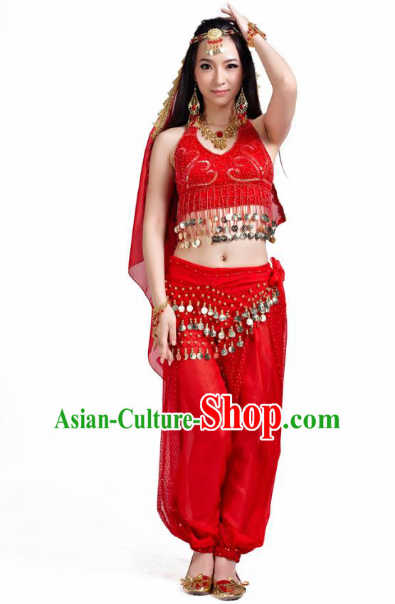 Traditional Indian Belly Dance Sequined Red Dress Asian India Oriental Dance Costume for Women