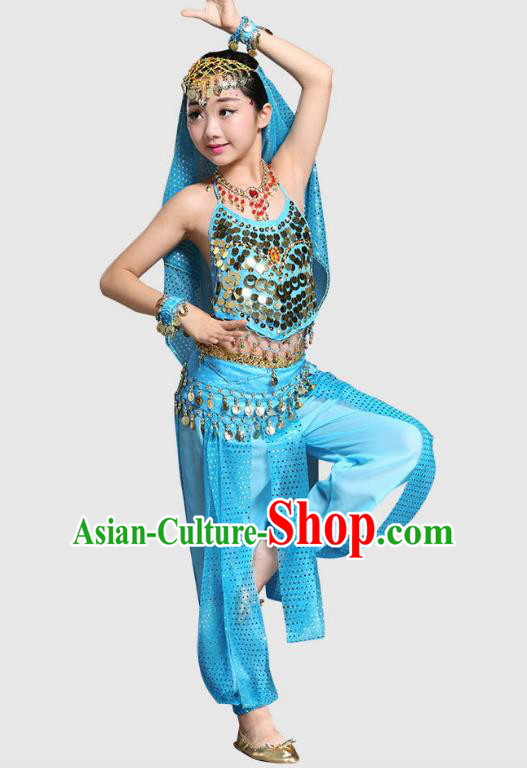Traditional Indian National Belly Dance Blue Clothing India Oriental Dance Costume for Kids