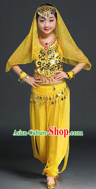 Traditional Indian National Belly Dance Yellow Clothing India Oriental Dance Costume for Kids