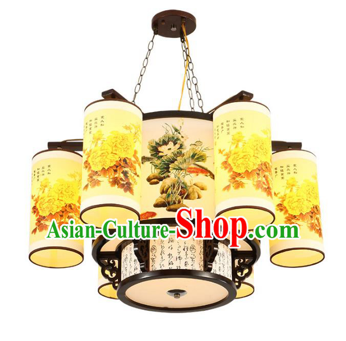 Traditional Chinese Printing Peony Six-lights Ceiling Palace Lanterns Handmade Wood Lantern Ancient Lamp