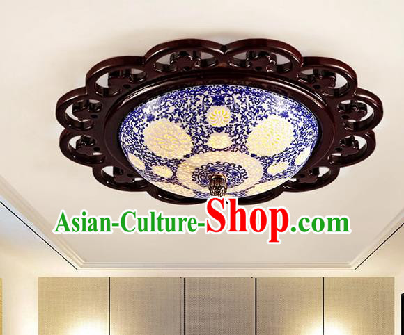 Traditional Chinese Ceiling Palace Lanterns Handmade Pierced Blue Porcelain Lantern Ancient Lamp