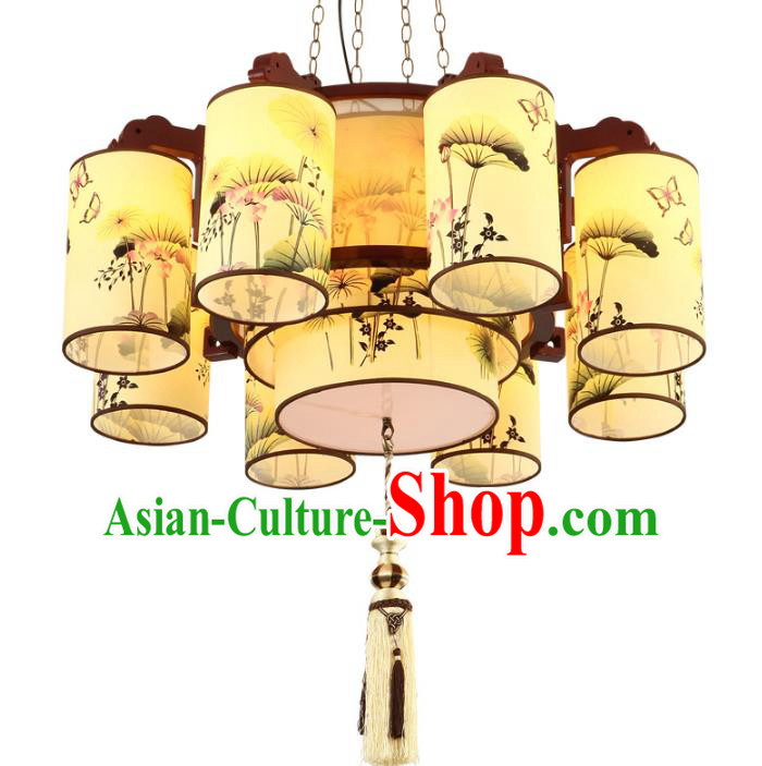Traditional Chinese Painting Lotus Palace Lanterns Handmade Eight-Lights Lantern Ancient Ceiling Lamp