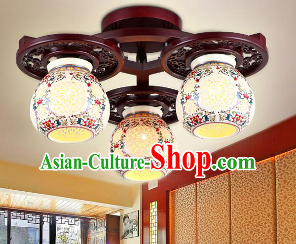 Traditional Chinese Three-Lights Ceiling Palace Lanterns Handmade Porcelain Lantern Ancient Lamp