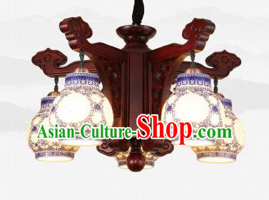 Traditional Chinese Five-Lights Ceiling Wood Palace Lanterns Handmade Porcelain Lantern Ancient Lamp