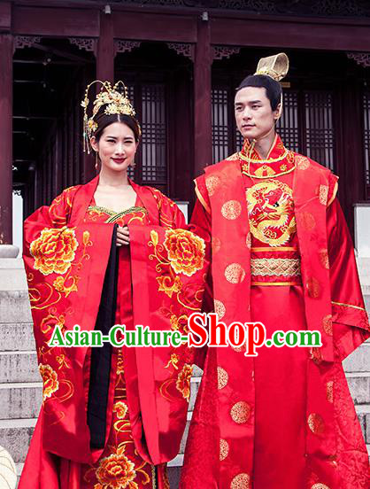 Ancient Chinese Tang Dynasty Emperor and Empress Embroidered Wedding Costume Complete Set
