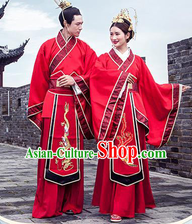 Chinese Ancient Han Dynasty Bride and Bridegroom Embroidered Costumes for Women for Men